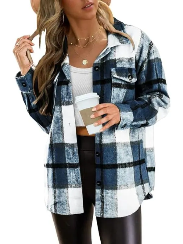 Women Plaid Pattern Button Down Jacket