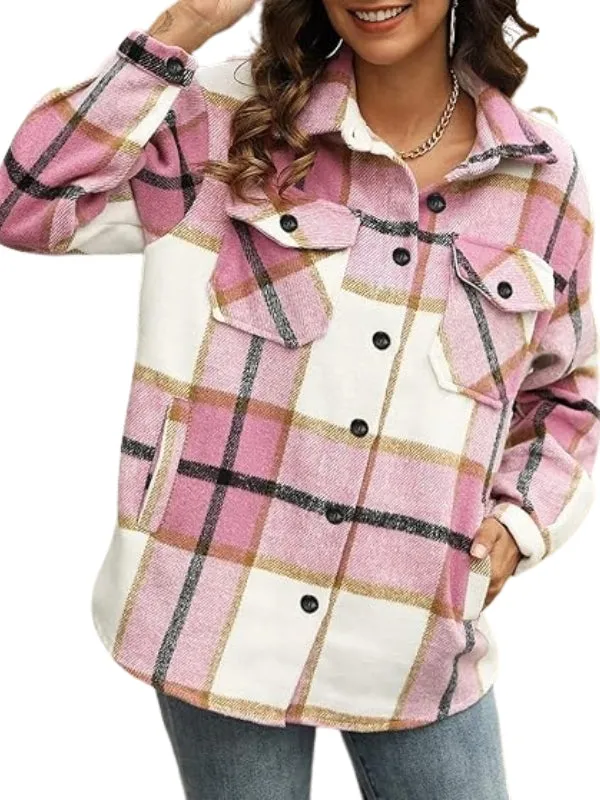 Women Plaid Pattern Button Down Jacket