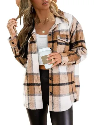 Women Plaid Pattern Button Down Jacket