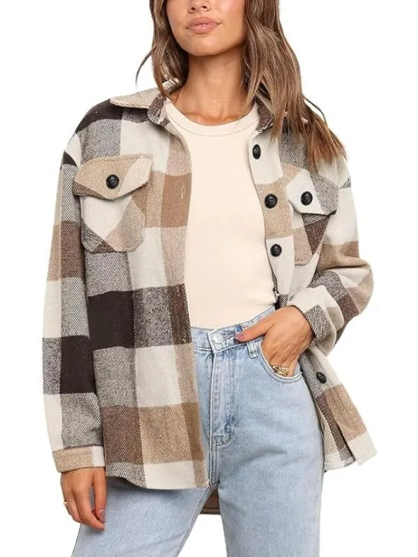 Women Plaid Pattern Button Down Jacket